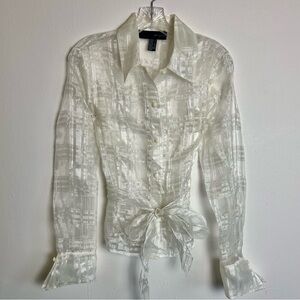Sheer White Button-Up Blouse with Tie Waist